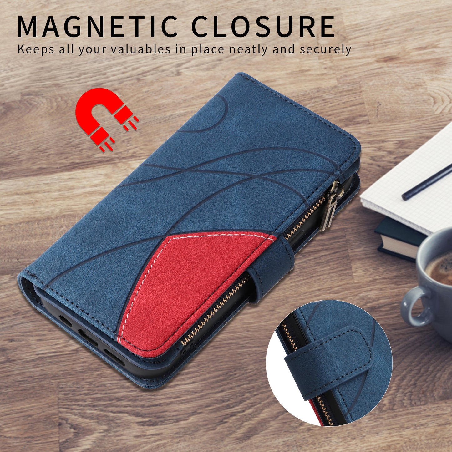 For iPhone 17 Pro Max Leather Case with Strap Zipper 9 Card Slot Phone Cover Stand - Blue