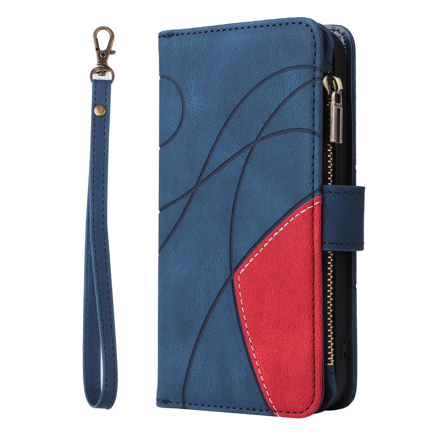 For iPhone 17 Pro Max Leather Case with Strap Zipper 9 Card Slot Phone Cover Stand - Blue
