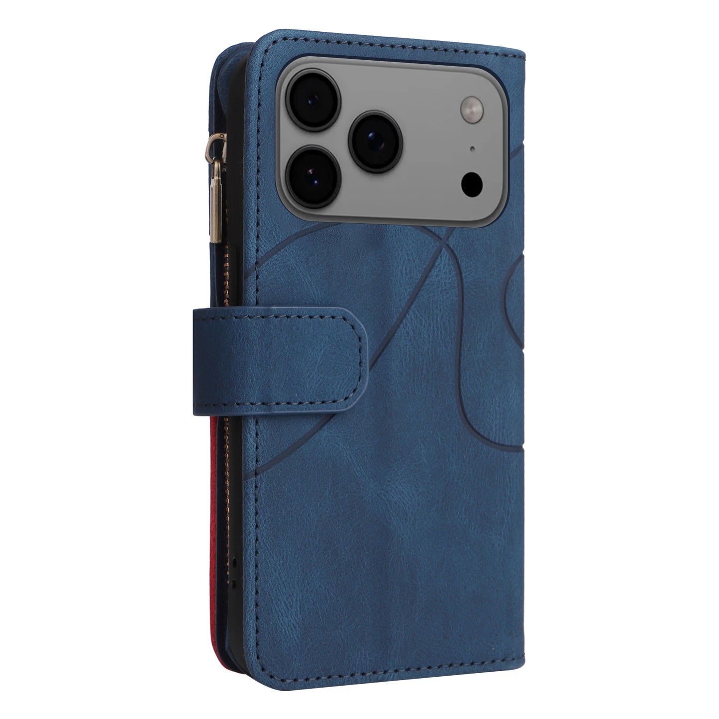 For iPhone 17 Pro Max Leather Case with Strap Zipper 9 Card Slot Phone Cover Stand - Blue