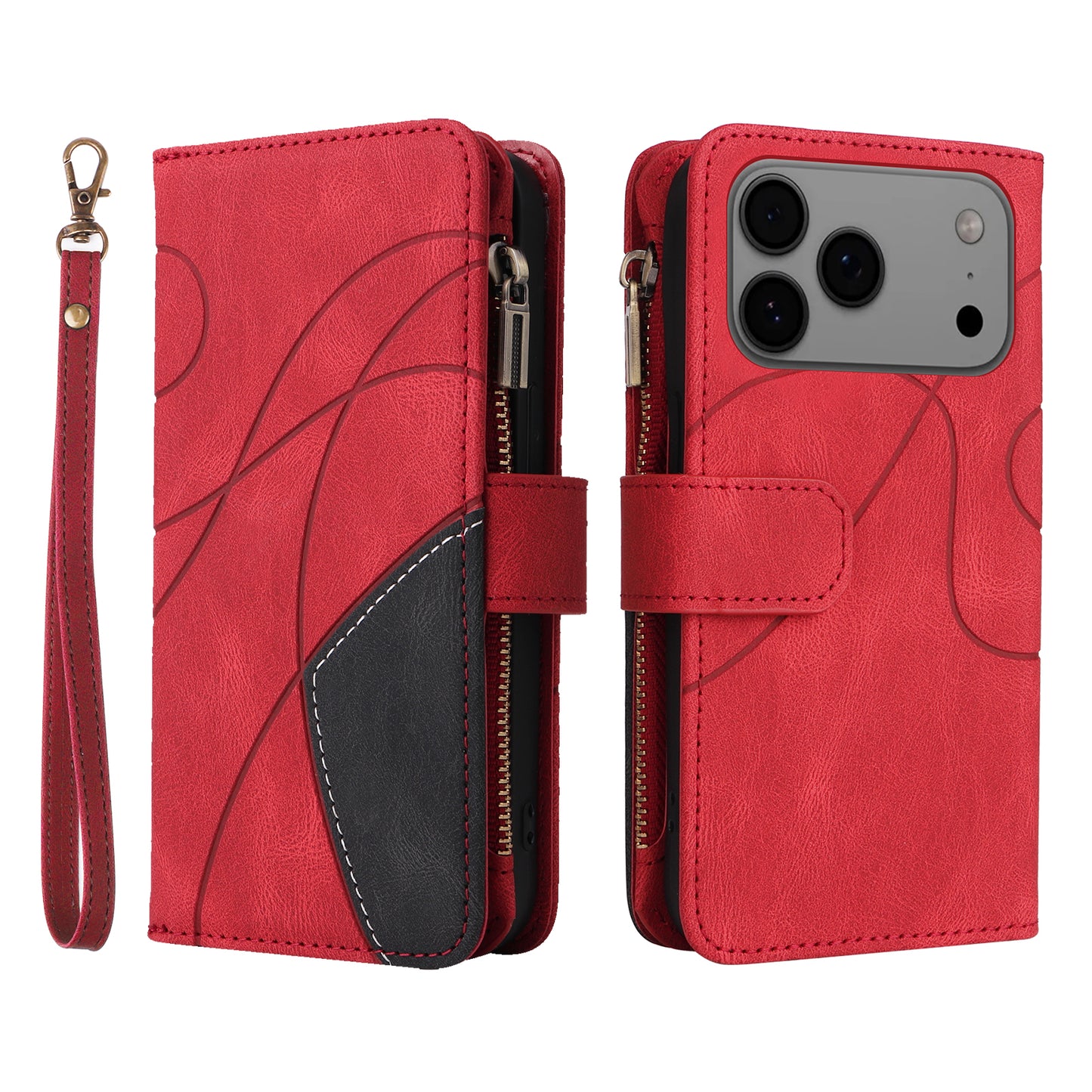 For iPhone 17 Pro Max Leather Case with Strap Zipper 9 Card Slot Phone Cover Stand - Red