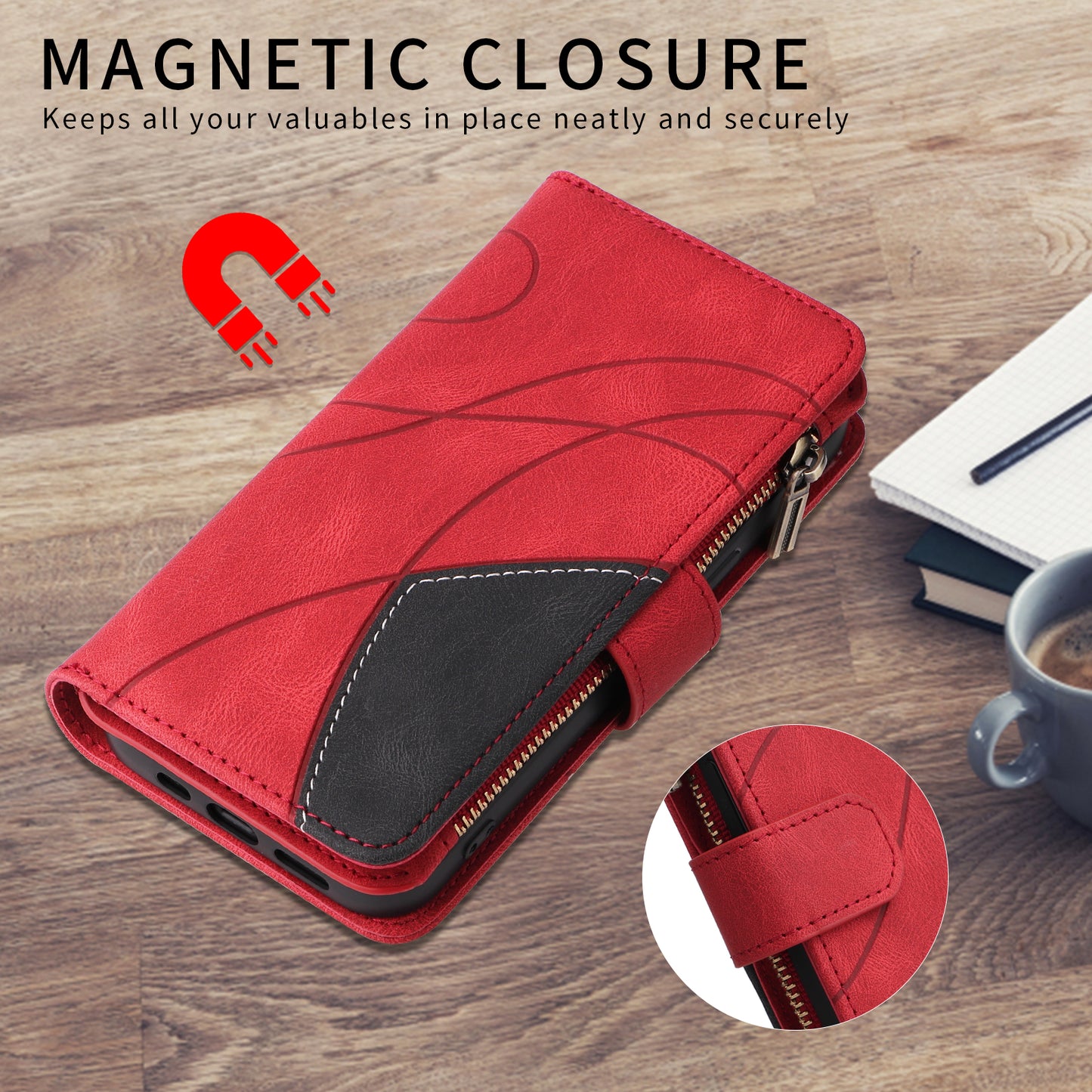 For iPhone 17 Pro Max Leather Case with Strap Zipper 9 Card Slot Phone Cover Stand - Red