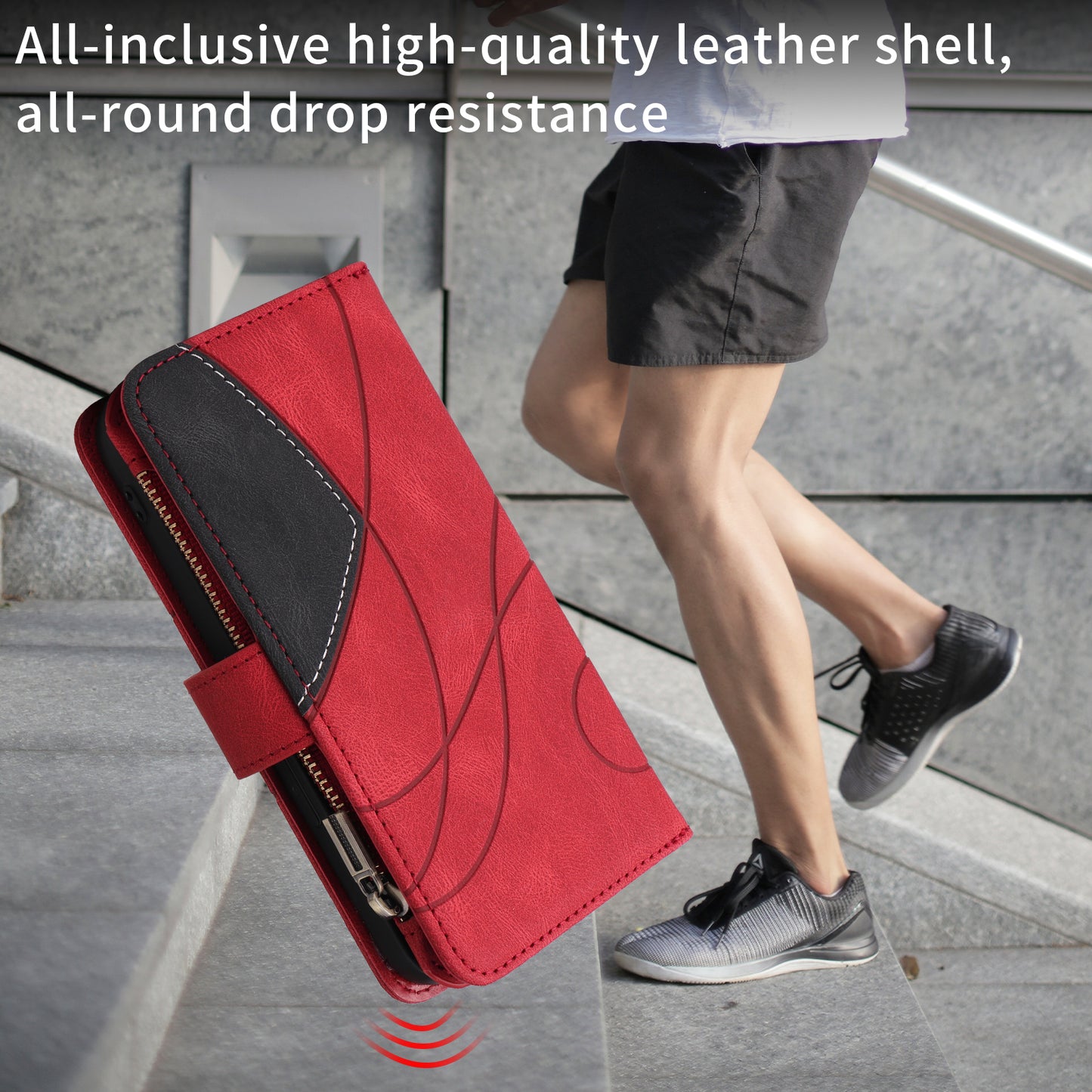 For iPhone 17 Pro Max Leather Case with Strap Zipper 9 Card Slot Phone Cover Stand - Red