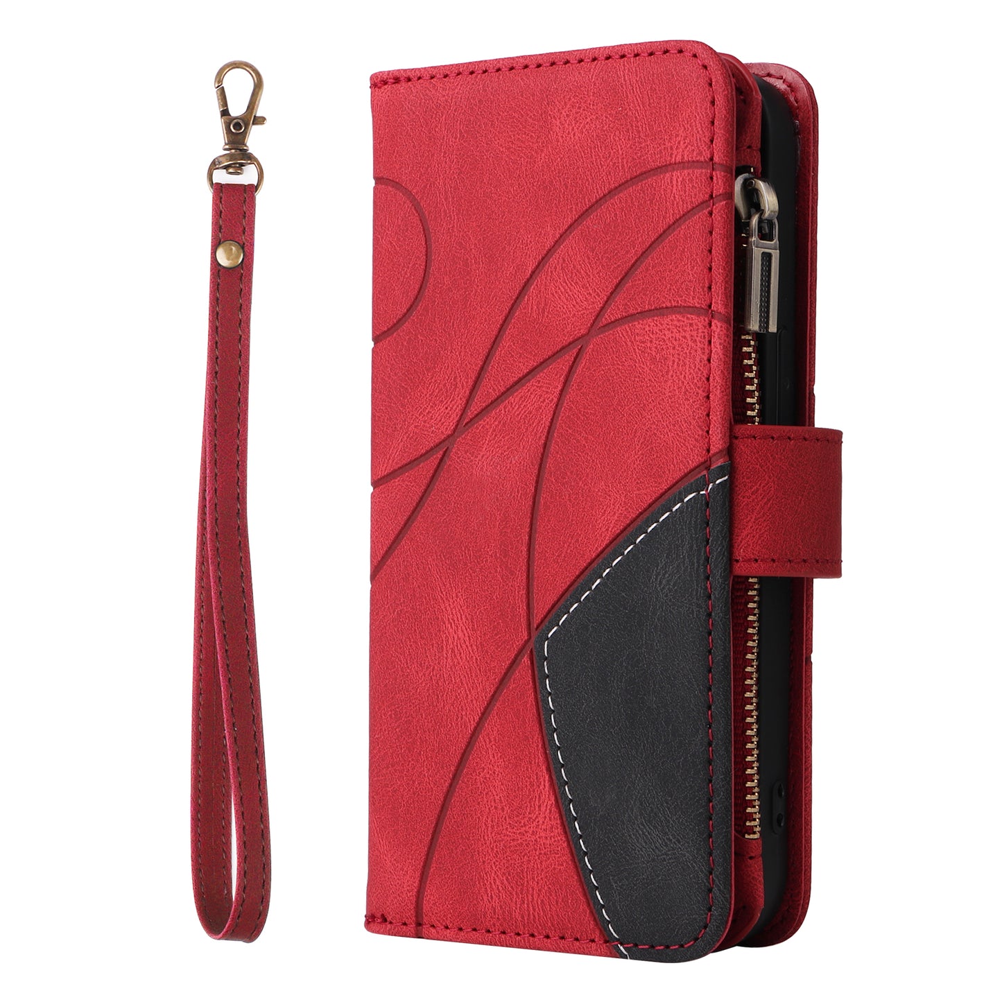 For iPhone 17 Pro Max Leather Case with Strap Zipper 9 Card Slot Phone Cover Stand - Red