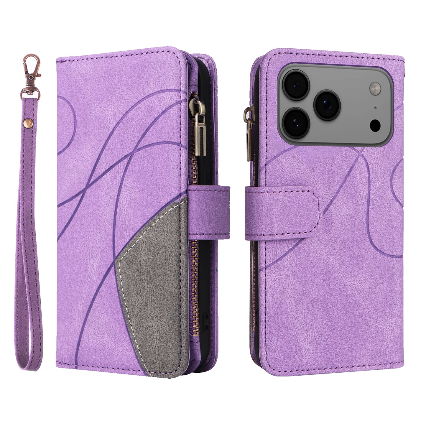 For iPhone 17 Pro Max Leather Case with Strap Zipper 9 Card Slot Phone Cover Stand - Purple