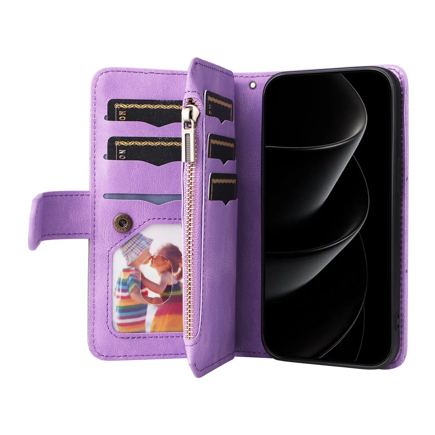 For iPhone 17 Pro Max Leather Case with Strap Zipper 9 Card Slot Phone Cover Stand - Purple