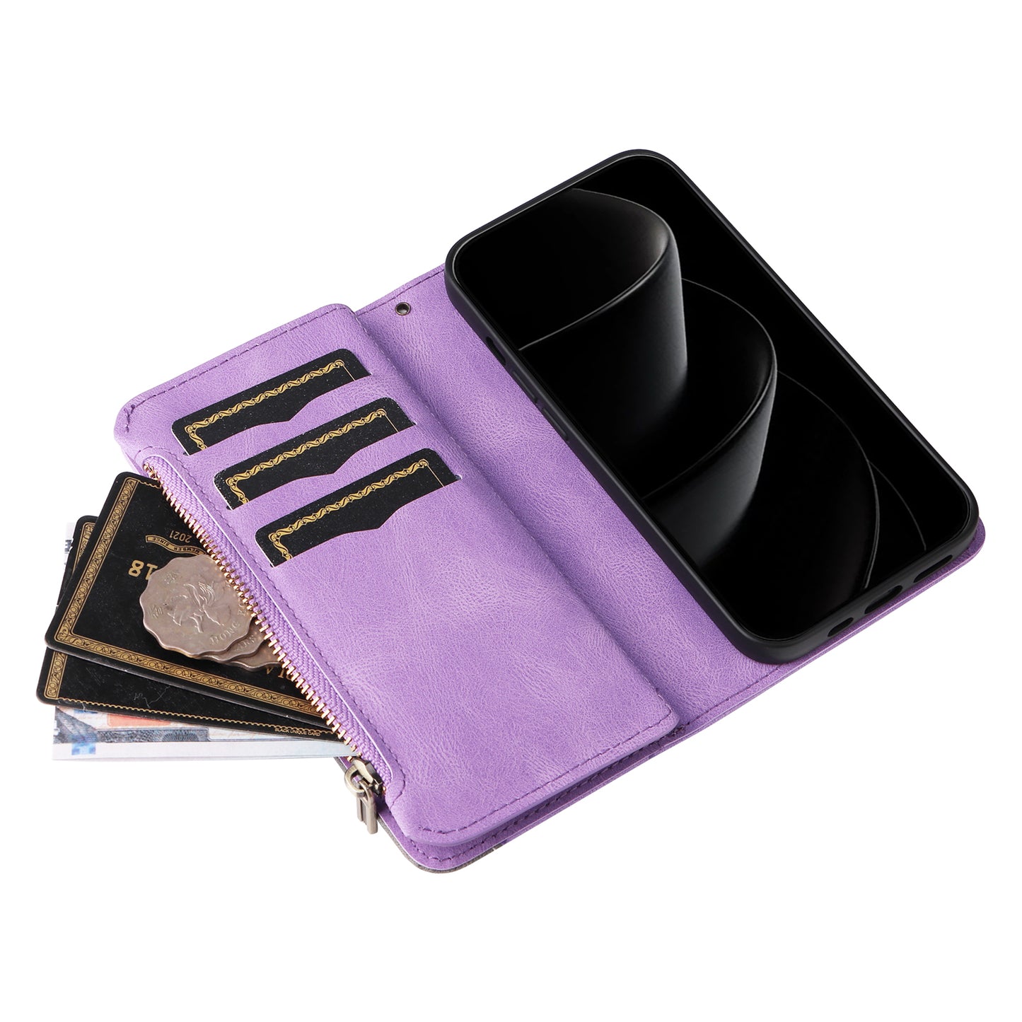 For iPhone 17 Pro Max Leather Case with Strap Zipper 9 Card Slot Phone Cover Stand - Purple