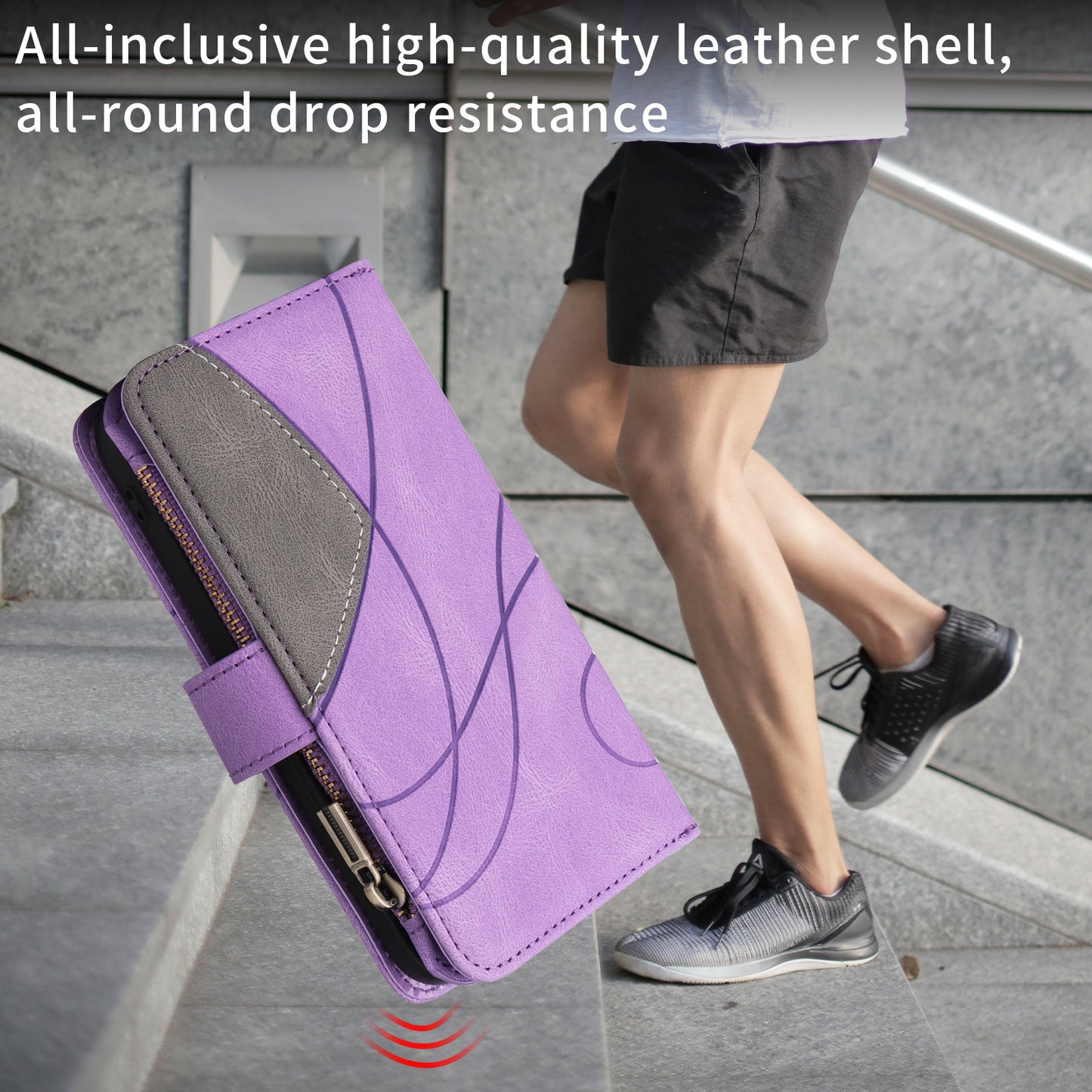 For iPhone 17 Pro Max Leather Case with Strap Zipper 9 Card Slot Phone Cover Stand - Purple