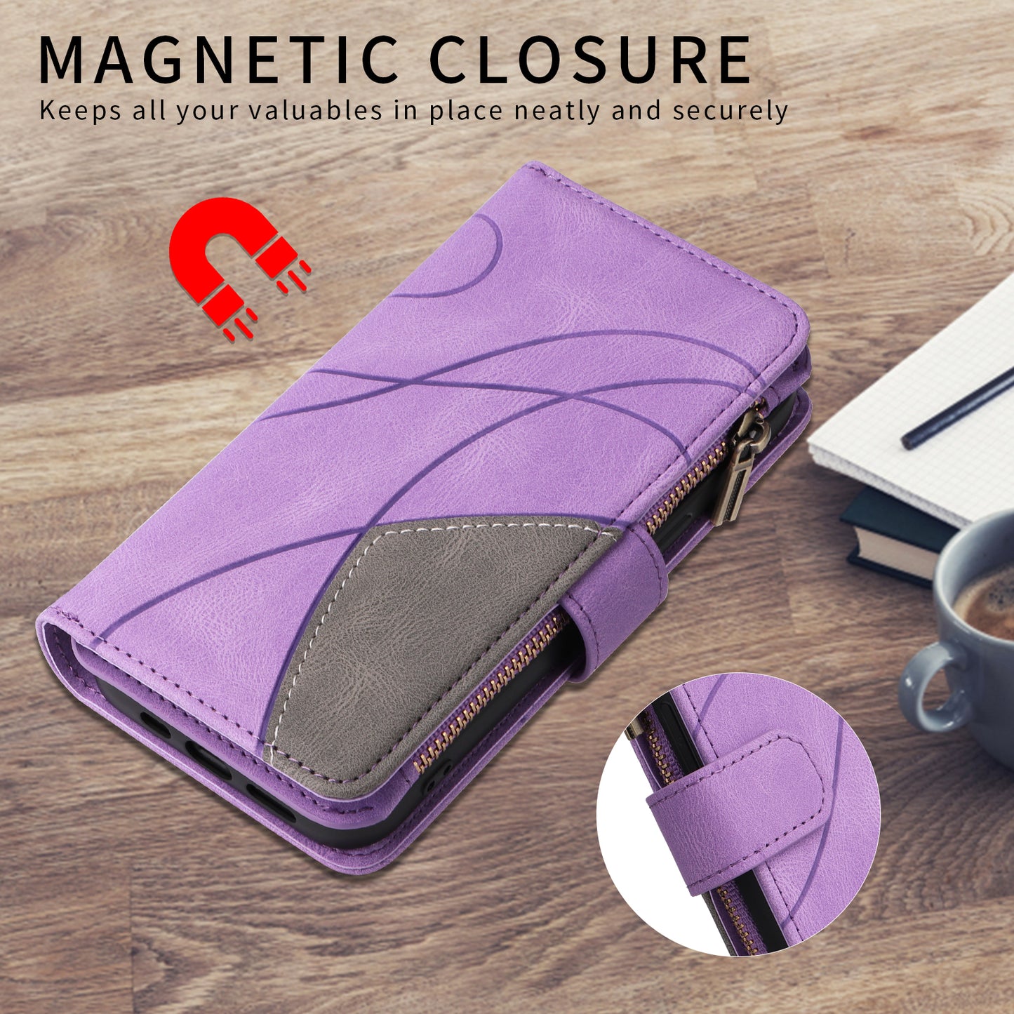 For iPhone 17 Pro Max Leather Case with Strap Zipper 9 Card Slot Phone Cover Stand - Purple