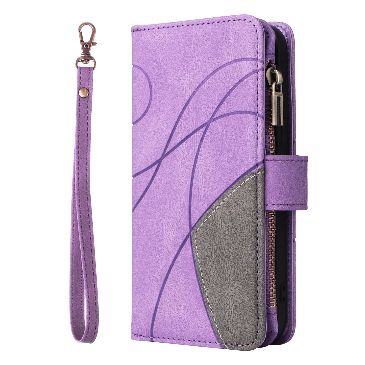 For iPhone 17 Pro Max Leather Case with Strap Zipper 9 Card Slot Phone Cover Stand - Purple