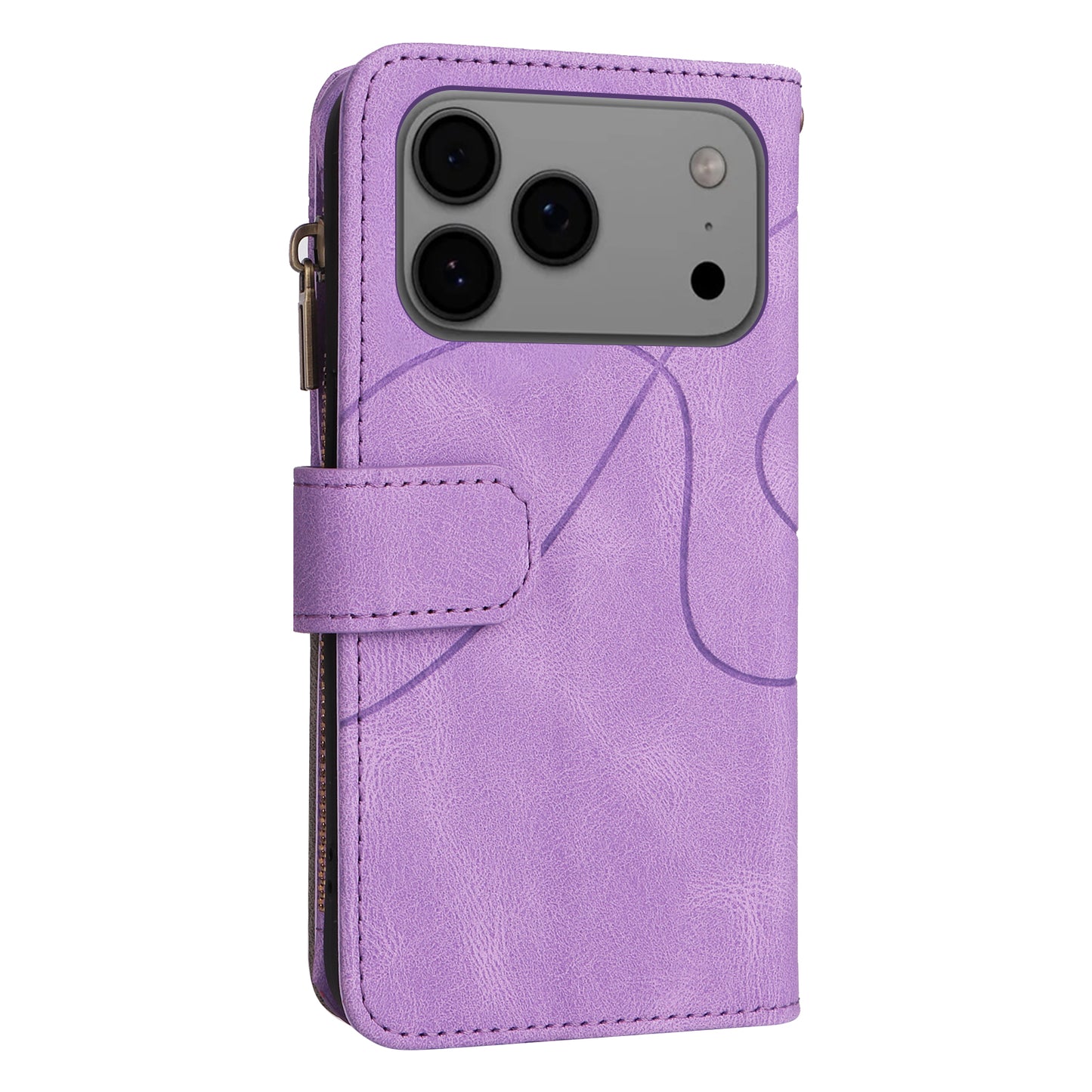 For iPhone 17 Pro Max Leather Case with Strap Zipper 9 Card Slot Phone Cover Stand - Purple