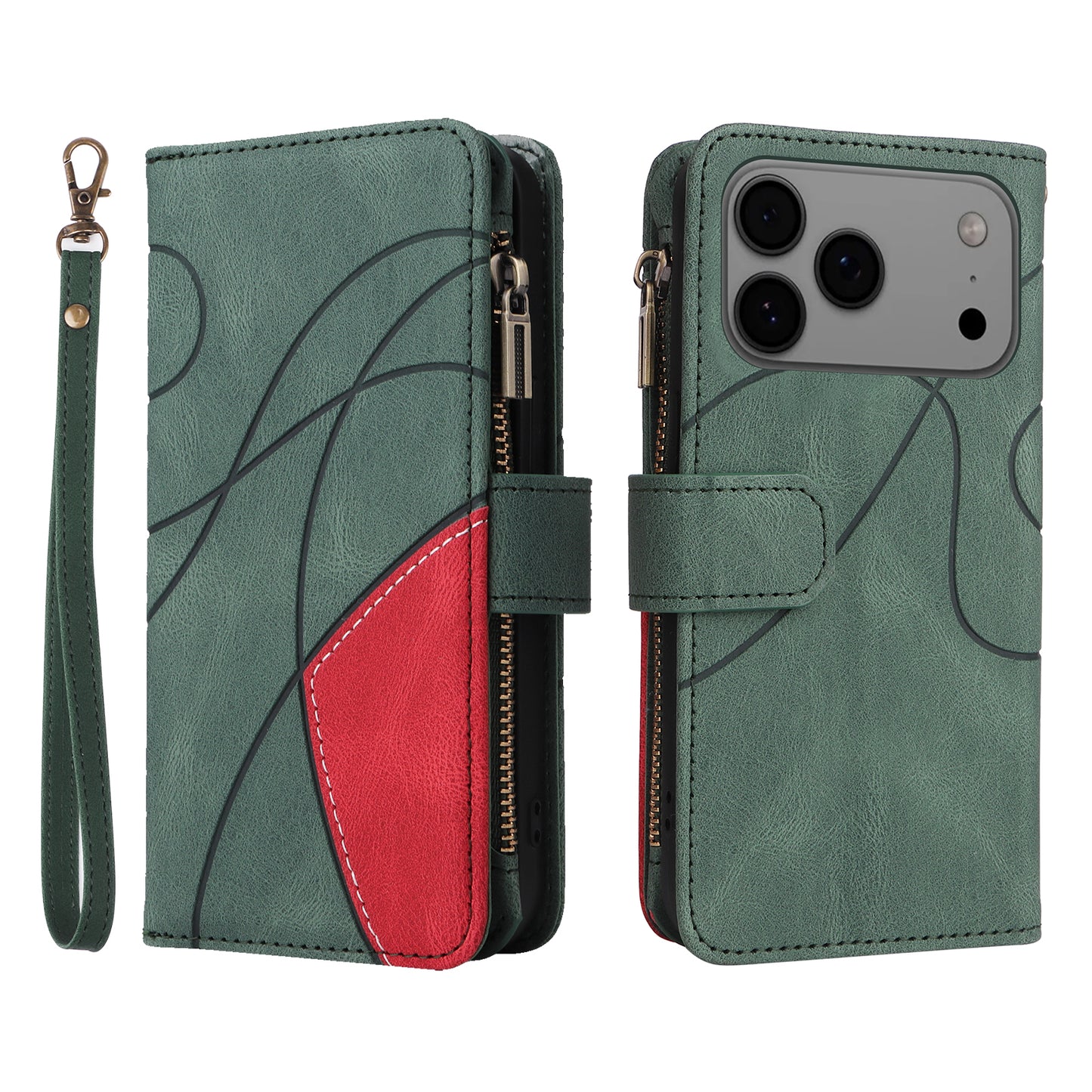 For iPhone 17 Pro Max Leather Case with Strap Zipper 9 Card Slot Phone Cover Stand - Green