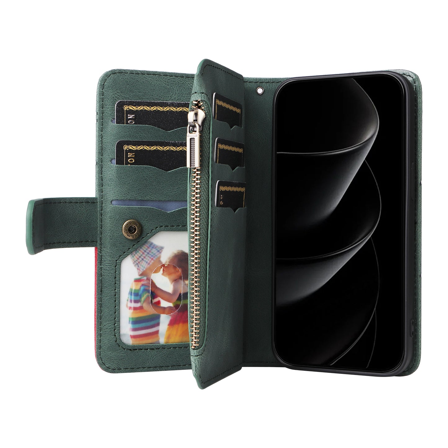 For iPhone 17 Pro Max Leather Case with Strap Zipper 9 Card Slot Phone Cover Stand - Green