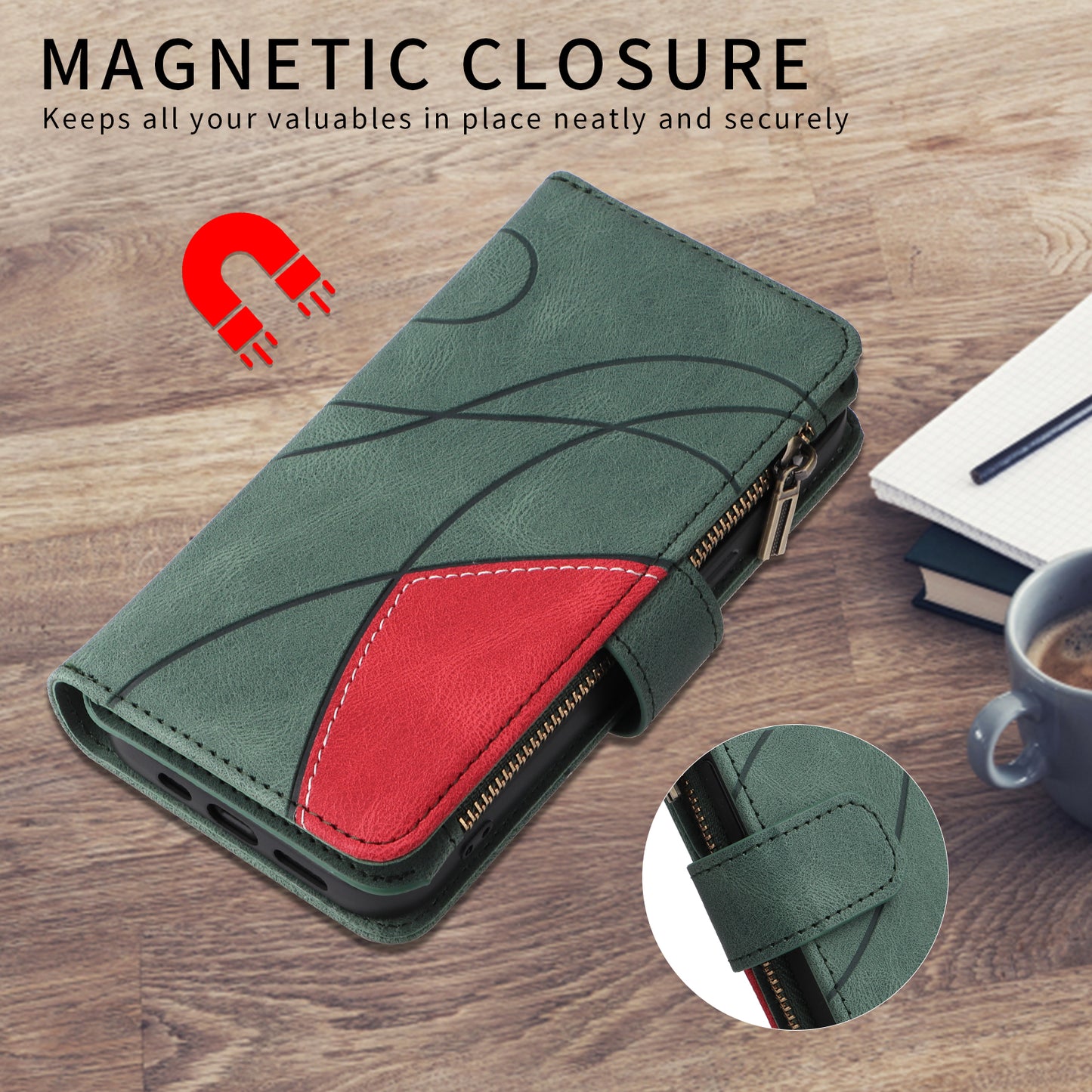 For iPhone 17 Pro Max Leather Case with Strap Zipper 9 Card Slot Phone Cover Stand - Green