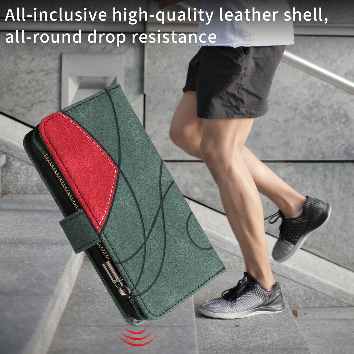 For iPhone 17 Pro Max Leather Case with Strap Zipper 9 Card Slot Phone Cover Stand - Green