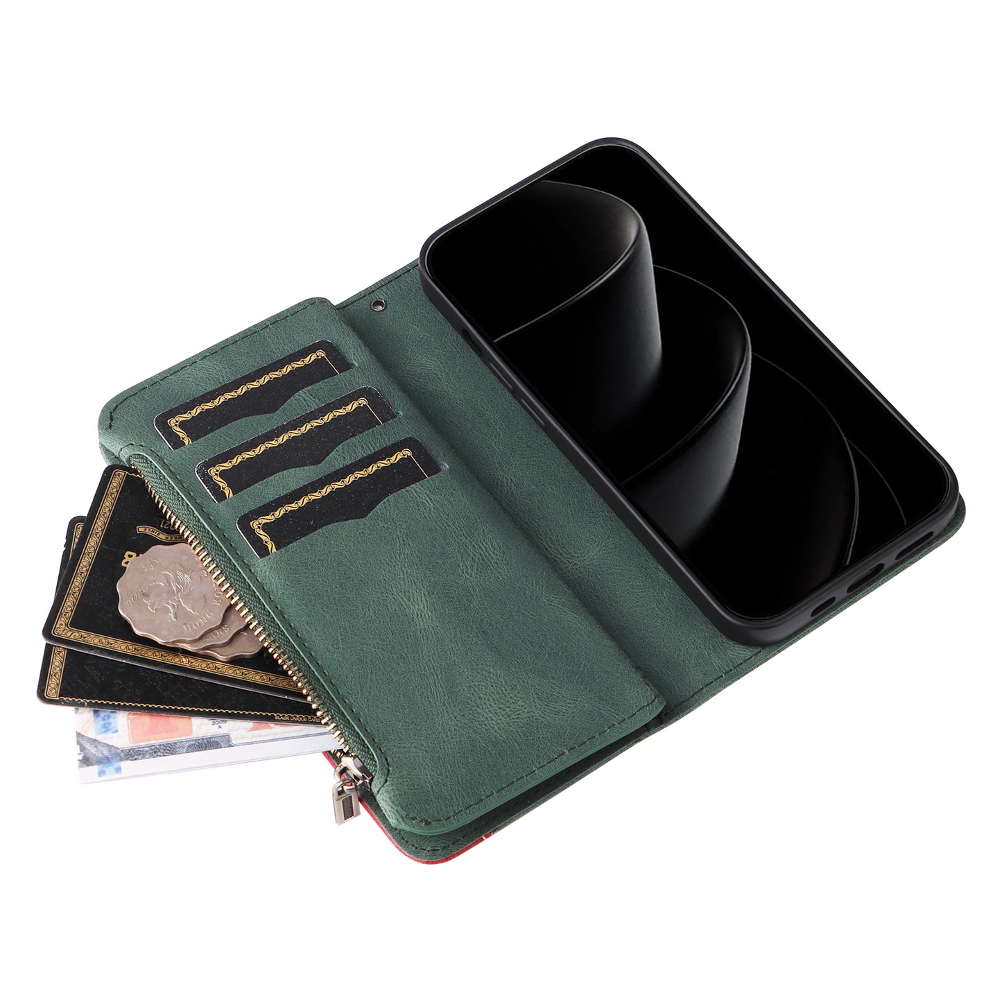 For iPhone 17 Pro Max Leather Case with Strap Zipper 9 Card Slot Phone Cover Stand - Green