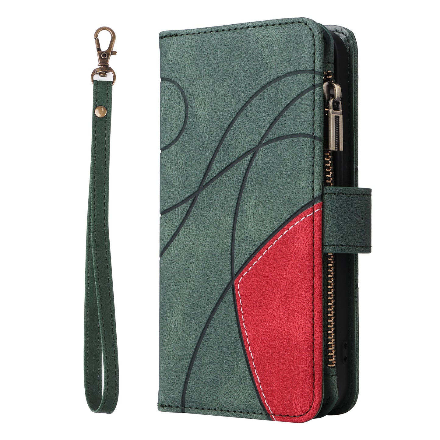 For iPhone 17 Pro Max Leather Case with Strap Zipper 9 Card Slot Phone Cover Stand - Green