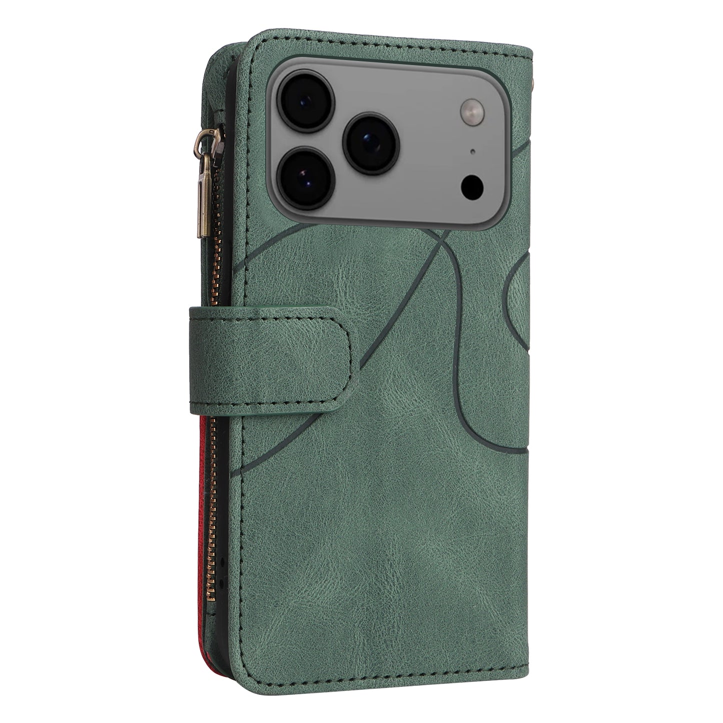 For iPhone 17 Pro Max Leather Case with Strap Zipper 9 Card Slot Phone Cover Stand - Green