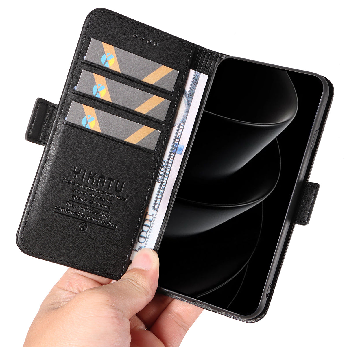 For iPhone 17 Pro Max Wallet Phone Case YIKATU YK-003 Leather Stand Cover - Black