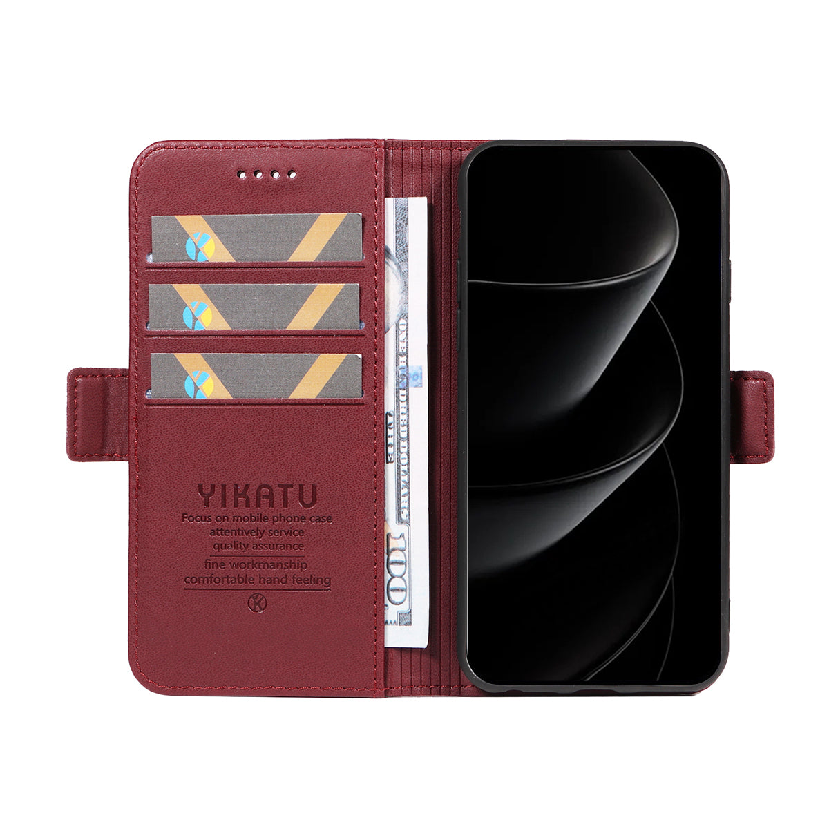For iPhone 17 Pro Max Wallet Phone Case YIKATU YK-003 Leather Stand Cover - Wine Red