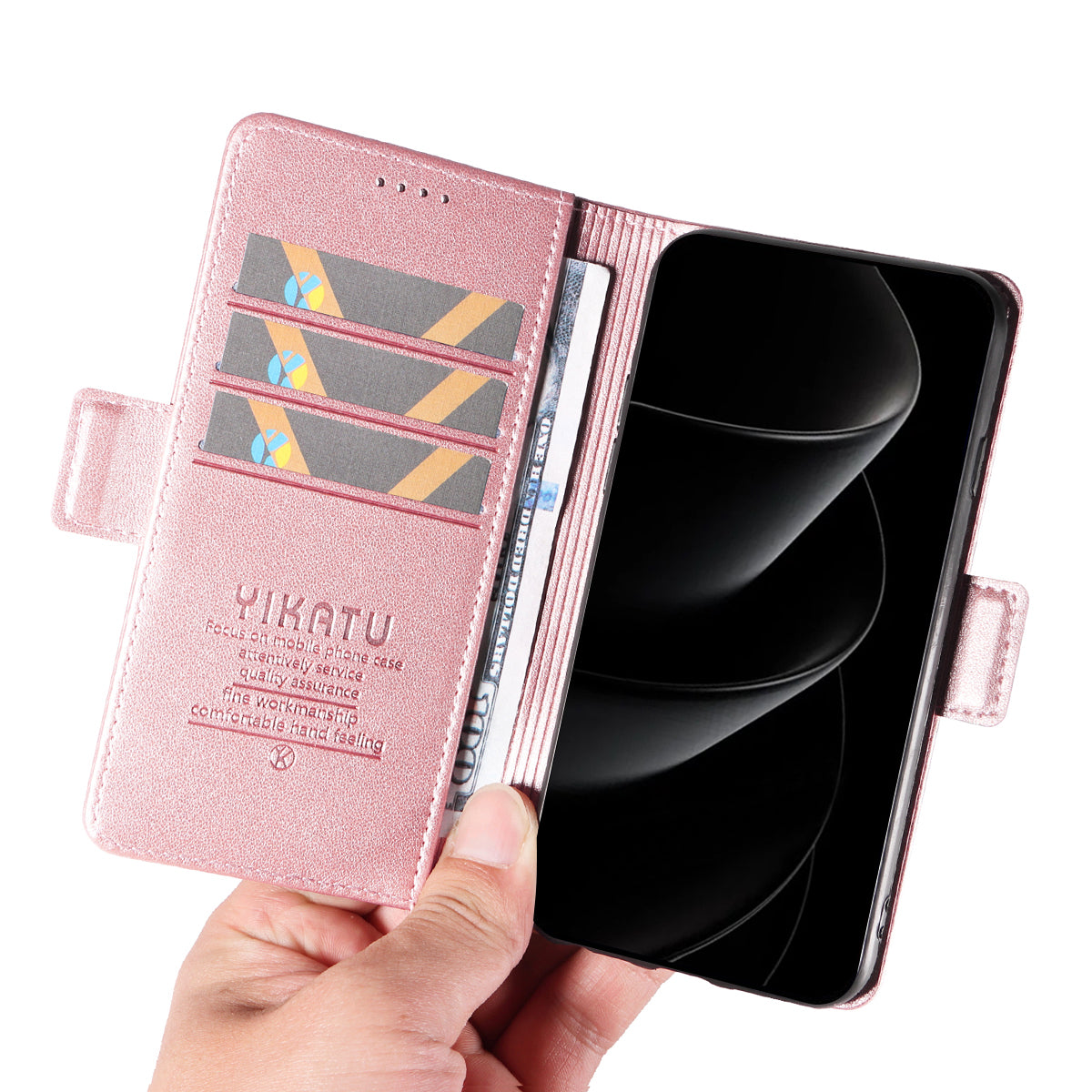 For iPhone 17 Pro Max Wallet Phone Case YIKATU YK-003 Leather Stand Cover - Rose Gold