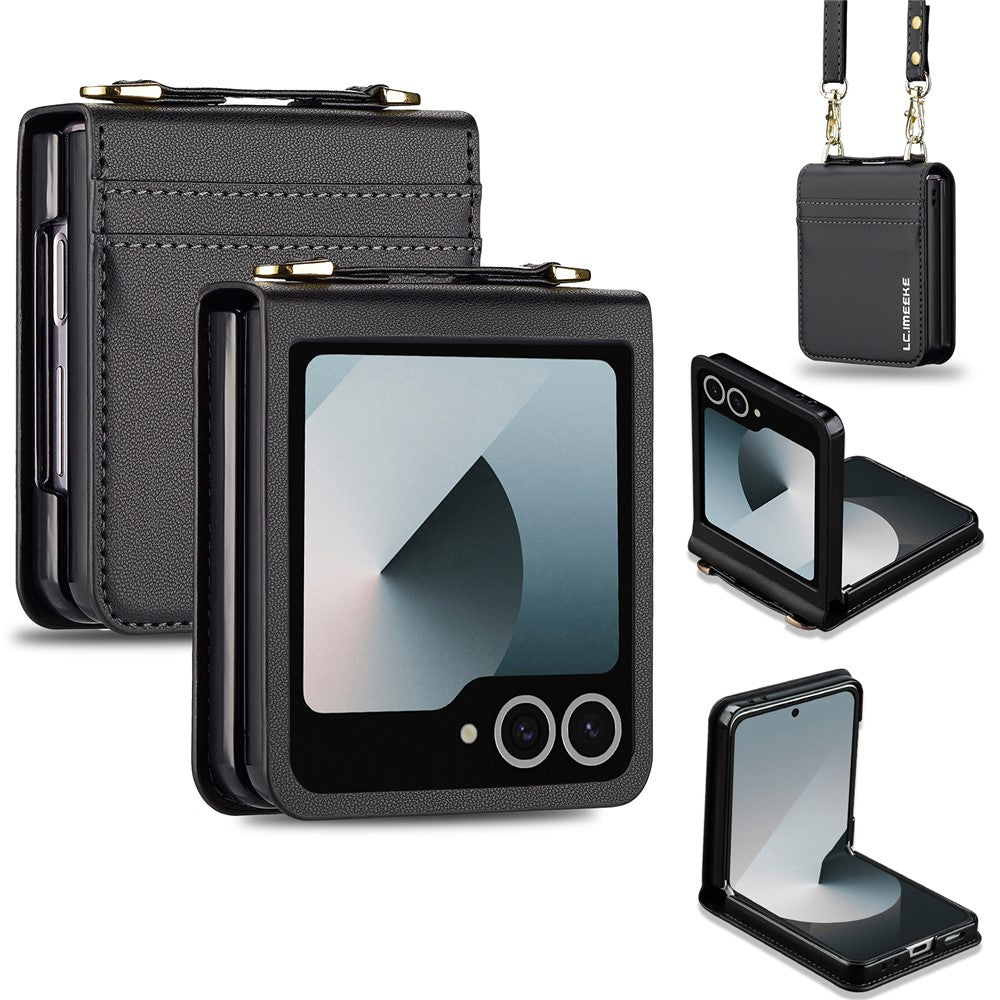 LC.IMEEKE L1 Series For Samsung Galaxy Z Flip7 5G Case Card Holder Leather Phone Cover with Shoulder Strap / Wrist Strap - Black