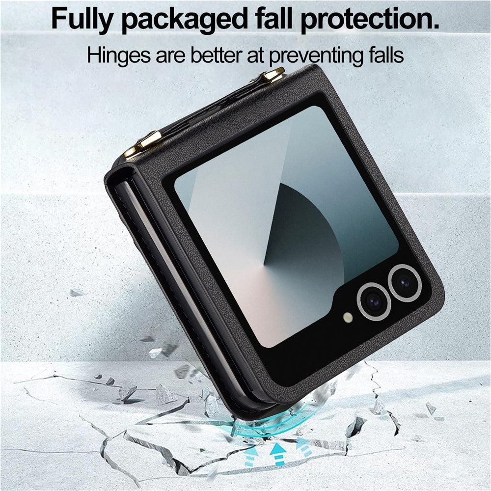 LC.IMEEKE L1 Series For Samsung Galaxy Z Flip7 5G Case Card Holder Leather Phone Cover with Shoulder Strap / Wrist Strap - Black