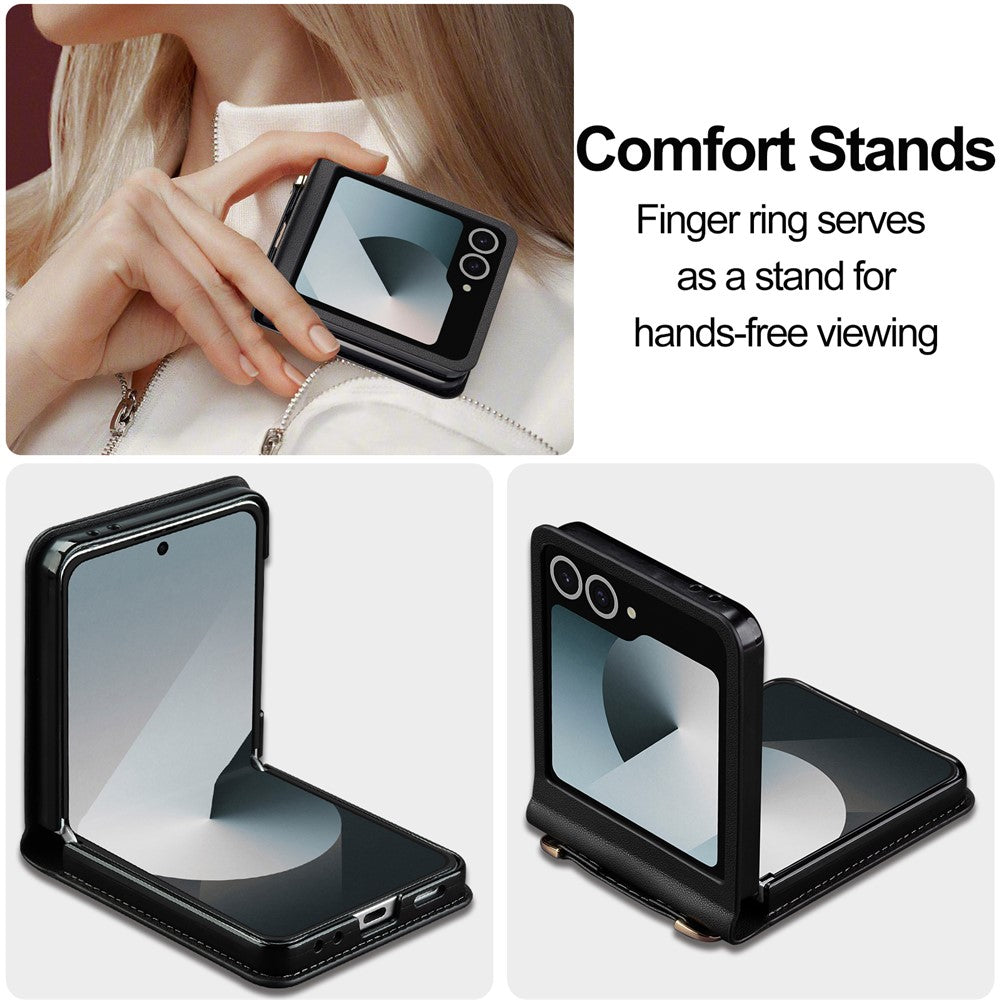 LC.IMEEKE L1 Series For Samsung Galaxy Z Flip7 5G Case Card Holder Leather Phone Cover with Shoulder Strap / Wrist Strap - Black