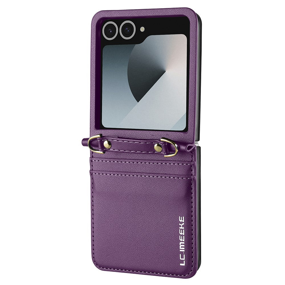 LC.IMEEKE L1 Series For Samsung Galaxy Z Flip7 5G Case Card Holder Leather Phone Cover with Shoulder Strap / Wrist Strap - Purple