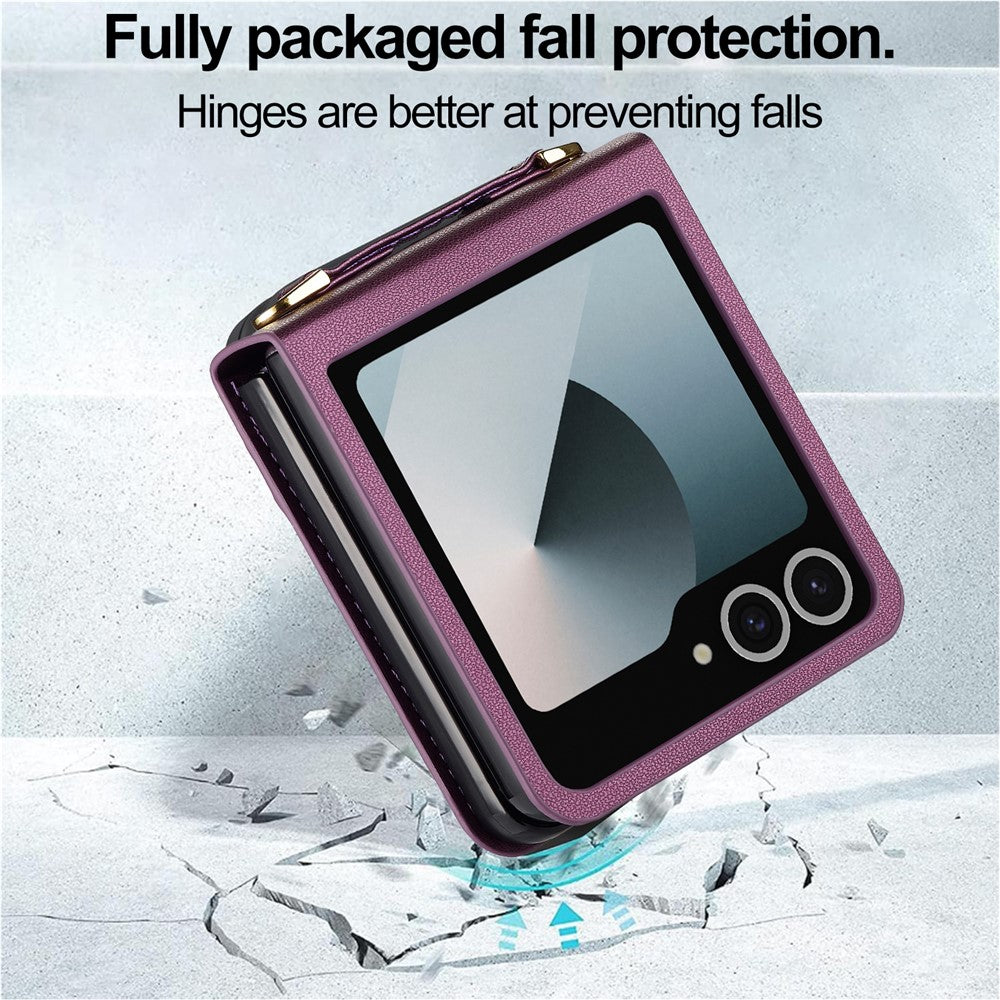 LC.IMEEKE L1 Series For Samsung Galaxy Z Flip7 5G Case Card Holder Leather Phone Cover with Shoulder Strap / Wrist Strap - Purple