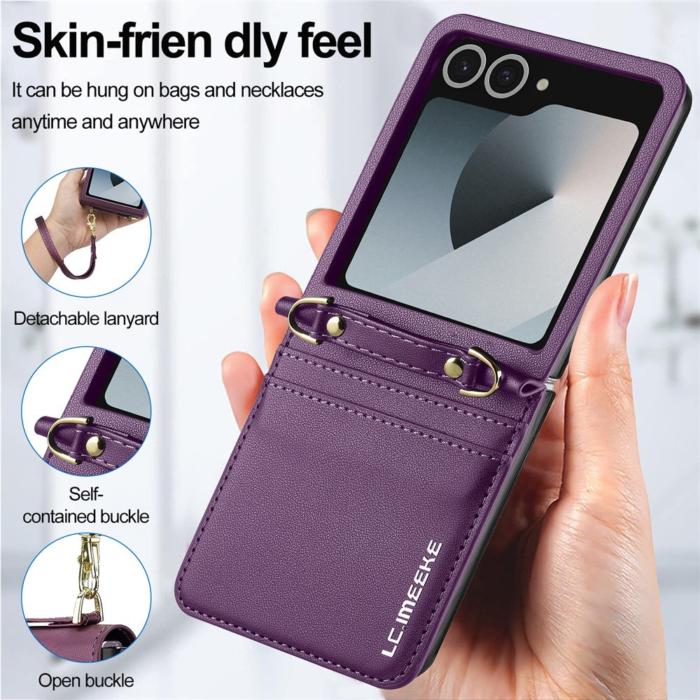 LC.IMEEKE L1 Series For Samsung Galaxy Z Flip7 5G Case Card Holder Leather Phone Cover with Shoulder Strap / Wrist Strap - Purple