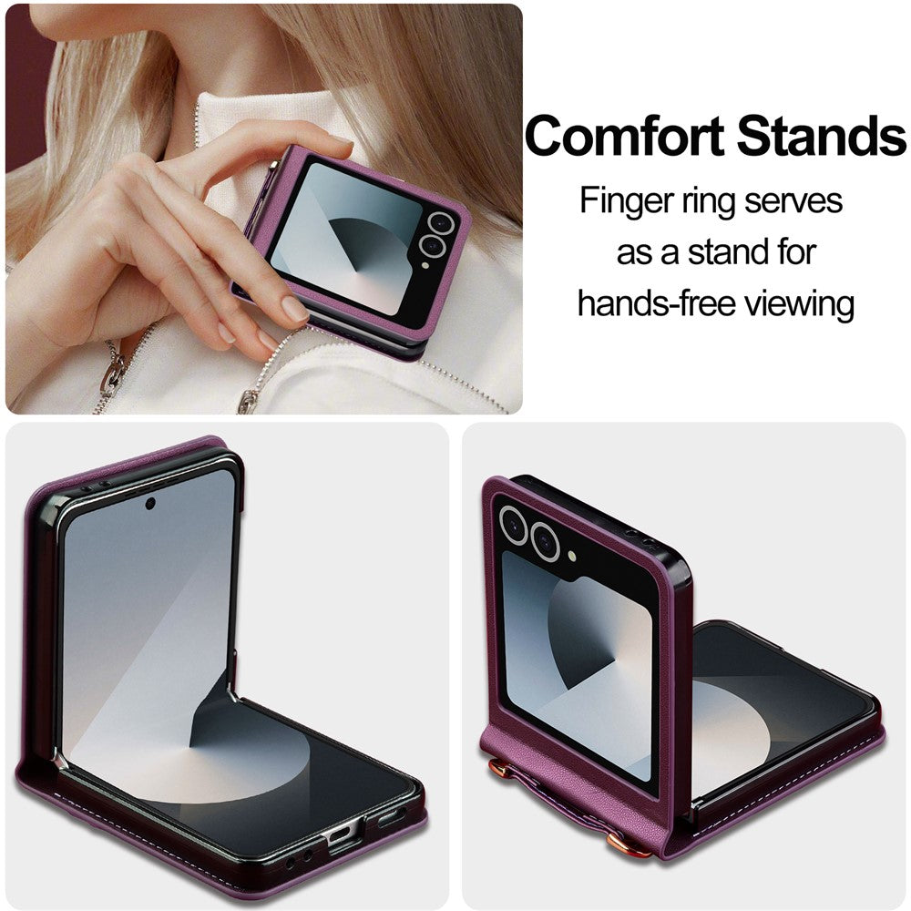 LC.IMEEKE L1 Series For Samsung Galaxy Z Flip7 5G Case Card Holder Leather Phone Cover with Shoulder Strap / Wrist Strap - Purple
