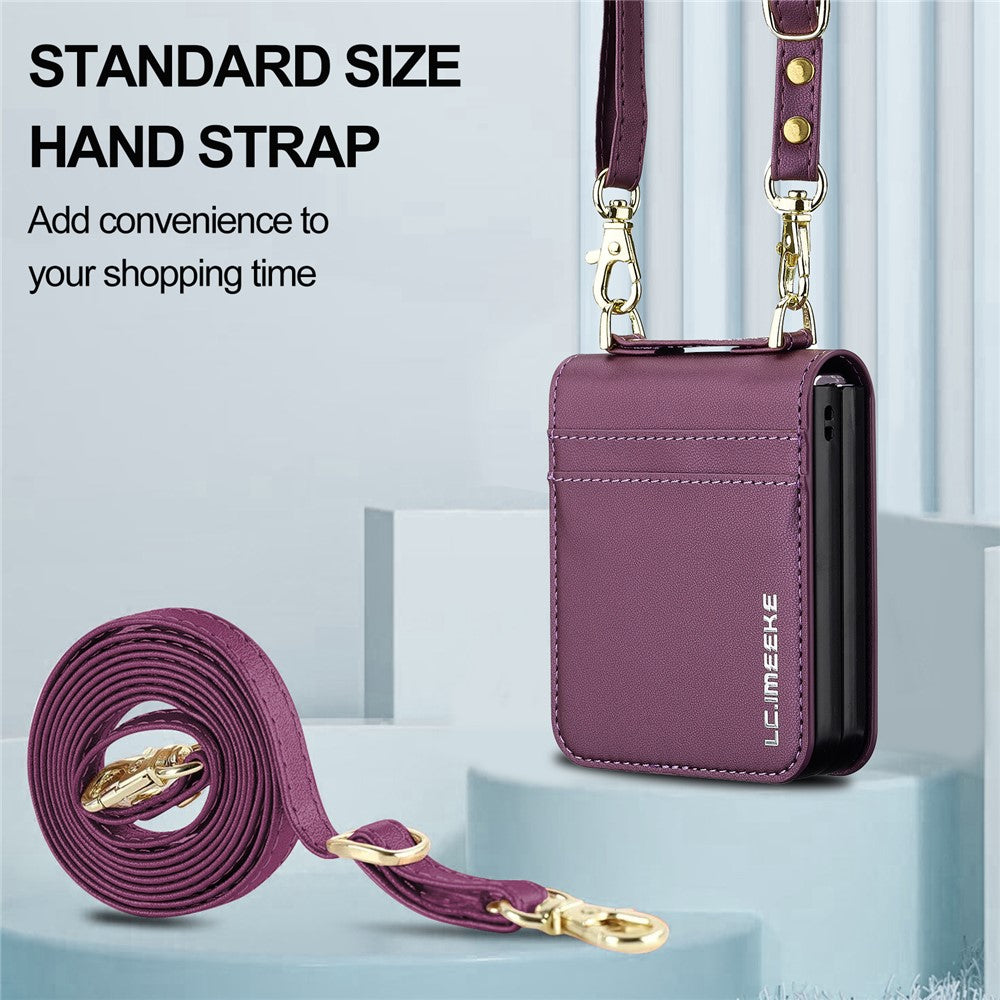 LC.IMEEKE L1 Series For Samsung Galaxy Z Flip7 5G Case Card Holder Leather Phone Cover with Shoulder Strap / Wrist Strap - Purple