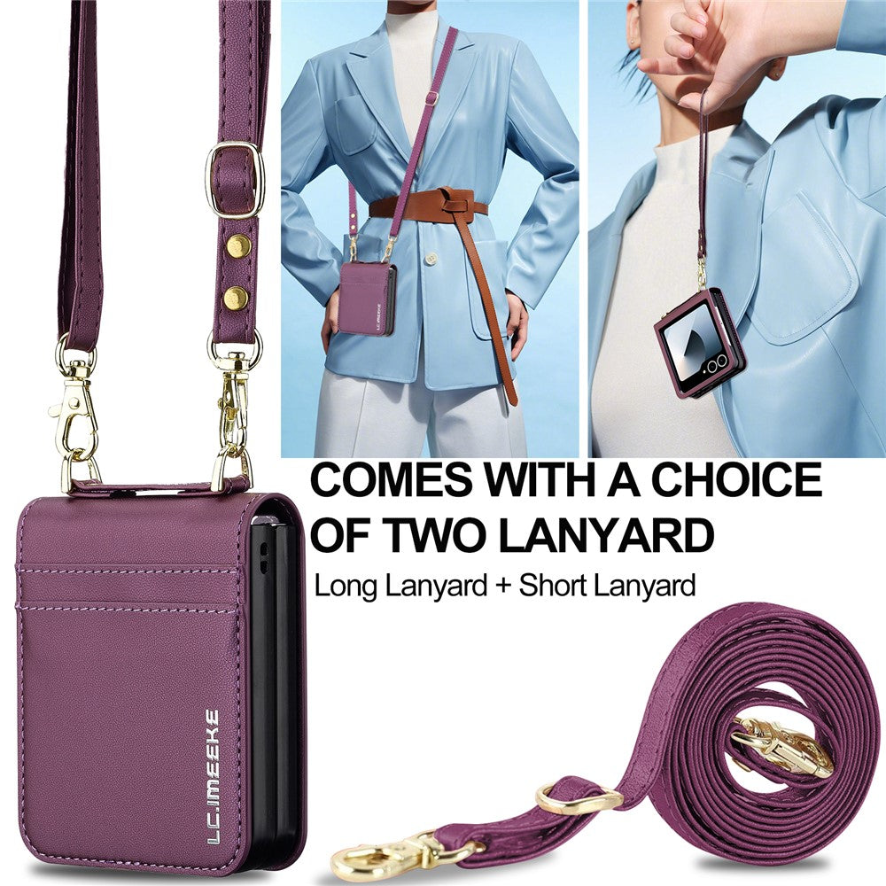 LC.IMEEKE L1 Series For Samsung Galaxy Z Flip7 5G Case Card Holder Leather Phone Cover with Shoulder Strap / Wrist Strap - Purple
