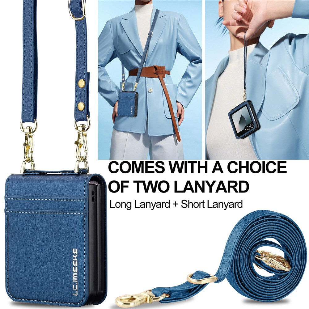 LC.IMEEKE L1 Series For Samsung Galaxy Z Flip7 5G Case Card Holder Leather Phone Cover with Shoulder Strap / Wrist Strap - Blue
