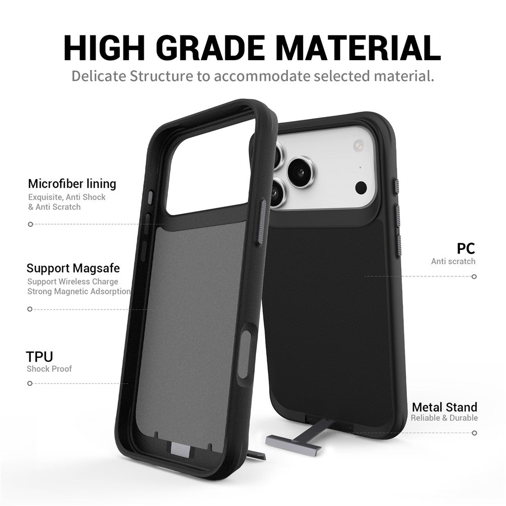 For iPhone 17 Pro Max Magnetic Case PC + TPU Phone Cover with Hidden Kickstand - Black