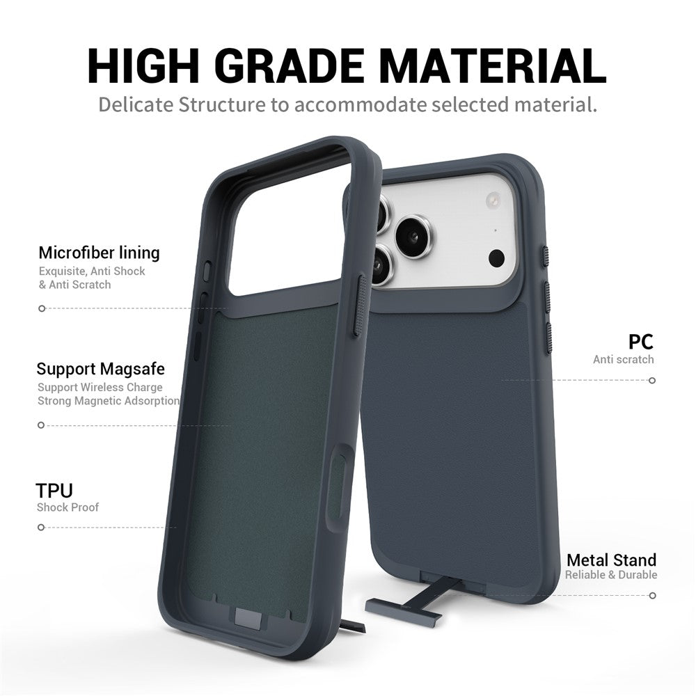 For iPhone 17 Pro Max Magnetic Case PC + TPU Phone Cover with Hidden Kickstand - Grey Blue