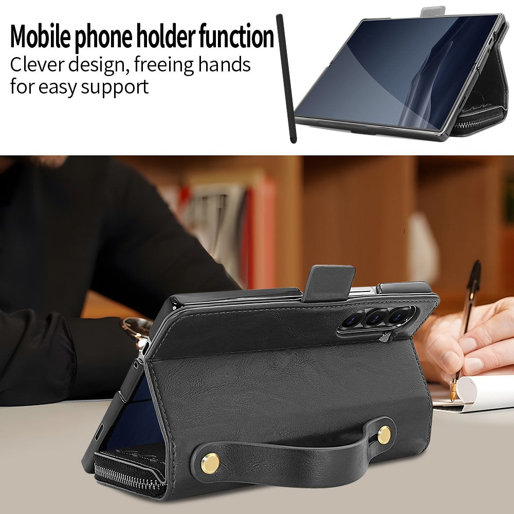 For Samsung Galaxy Z Fold7 5G Case Zipper Pocket Leather Phone Cover with Screen Protector / Stylus Pen - Black