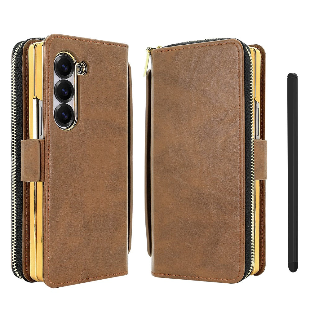 For Samsung Galaxy Z Fold7 5G Case Zipper Pocket Leather Phone Cover with Screen Protector / Stylus Pen - Brown
