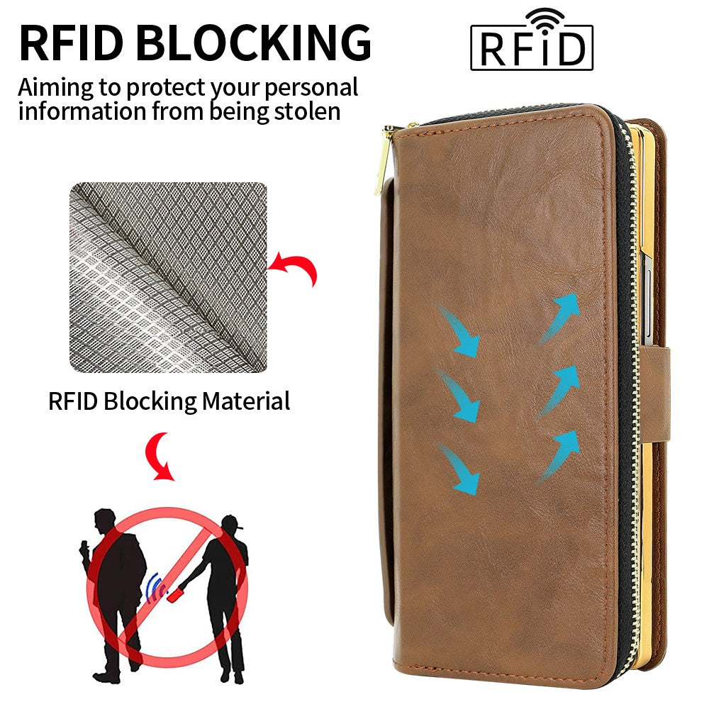 For Samsung Galaxy Z Fold7 5G Case Zipper Pocket Leather Phone Cover with Screen Protector / Stylus Pen - Brown