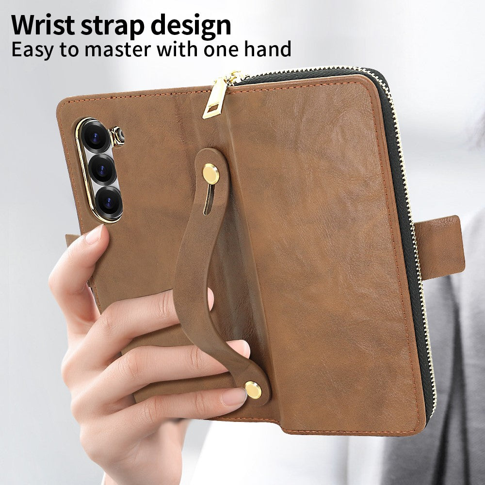 For Samsung Galaxy Z Fold7 5G Case Zipper Pocket Leather Phone Cover with Screen Protector / Stylus Pen - Brown