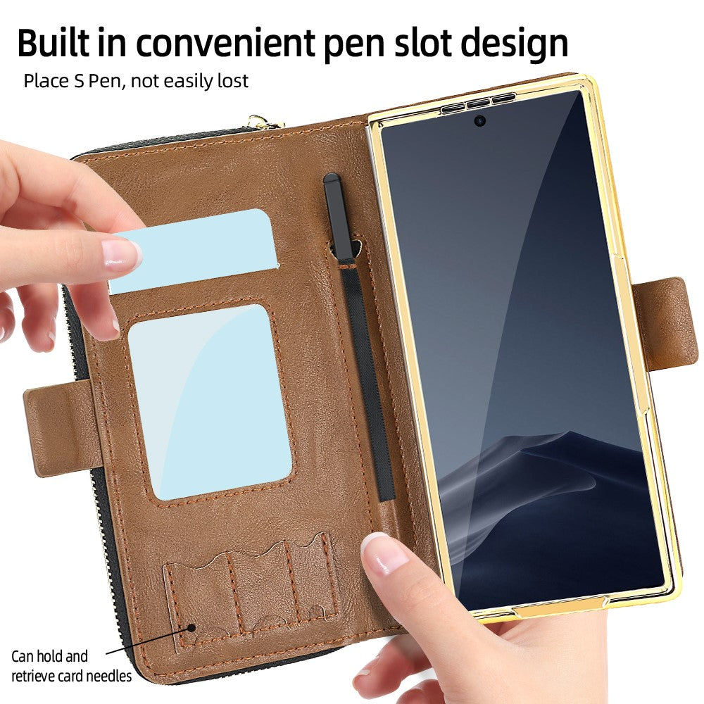 For Samsung Galaxy Z Fold7 5G Case Zipper Pocket Leather Phone Cover with Screen Protector / Stylus Pen - Brown