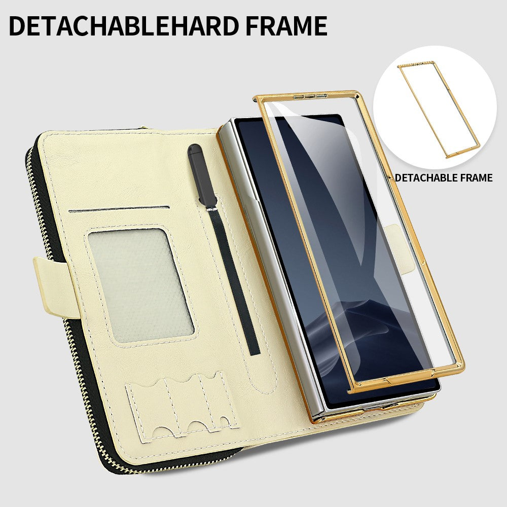 For Samsung Galaxy Z Fold7 5G Case Zipper Pocket Leather Phone Cover with Screen Protector / Stylus Pen - Beige