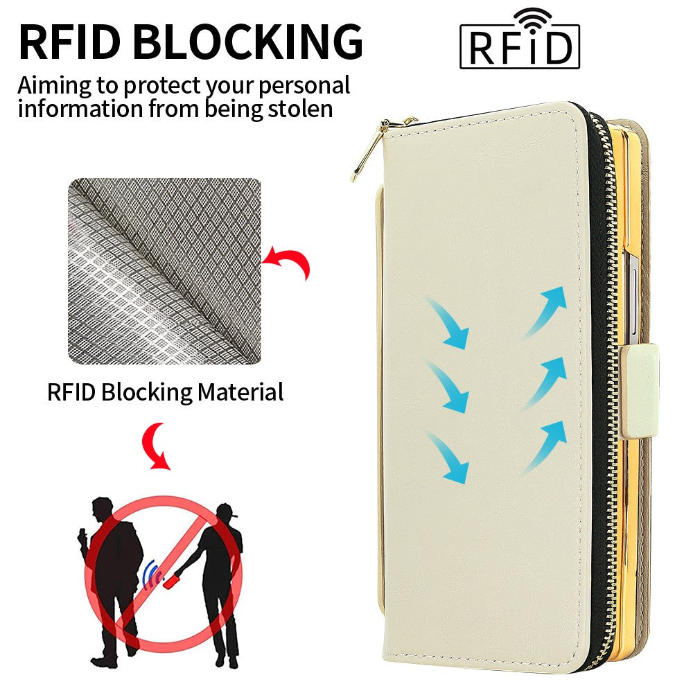 For Samsung Galaxy Z Fold7 5G Case Zipper Pocket Leather Phone Cover with Screen Protector / Stylus Pen - Beige