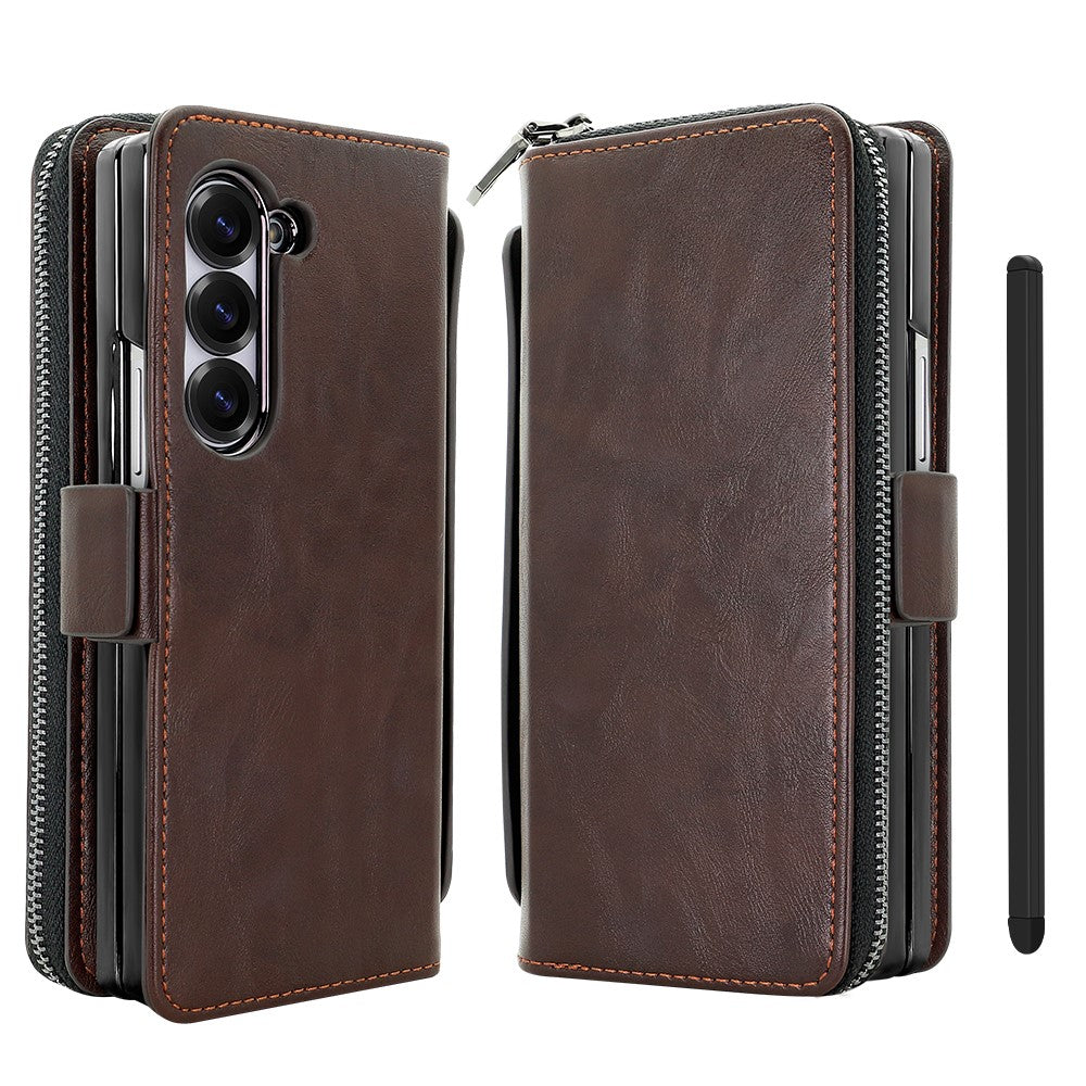 For Samsung Galaxy Z Fold7 5G Case Zipper Pocket Leather Phone Cover with Screen Protector / Stylus Pen - Coffee