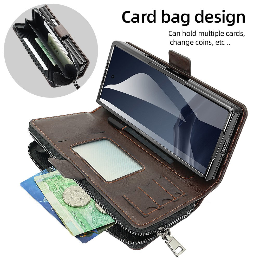 For Samsung Galaxy Z Fold7 5G Case Zipper Pocket Leather Phone Cover with Screen Protector / Stylus Pen - Coffee