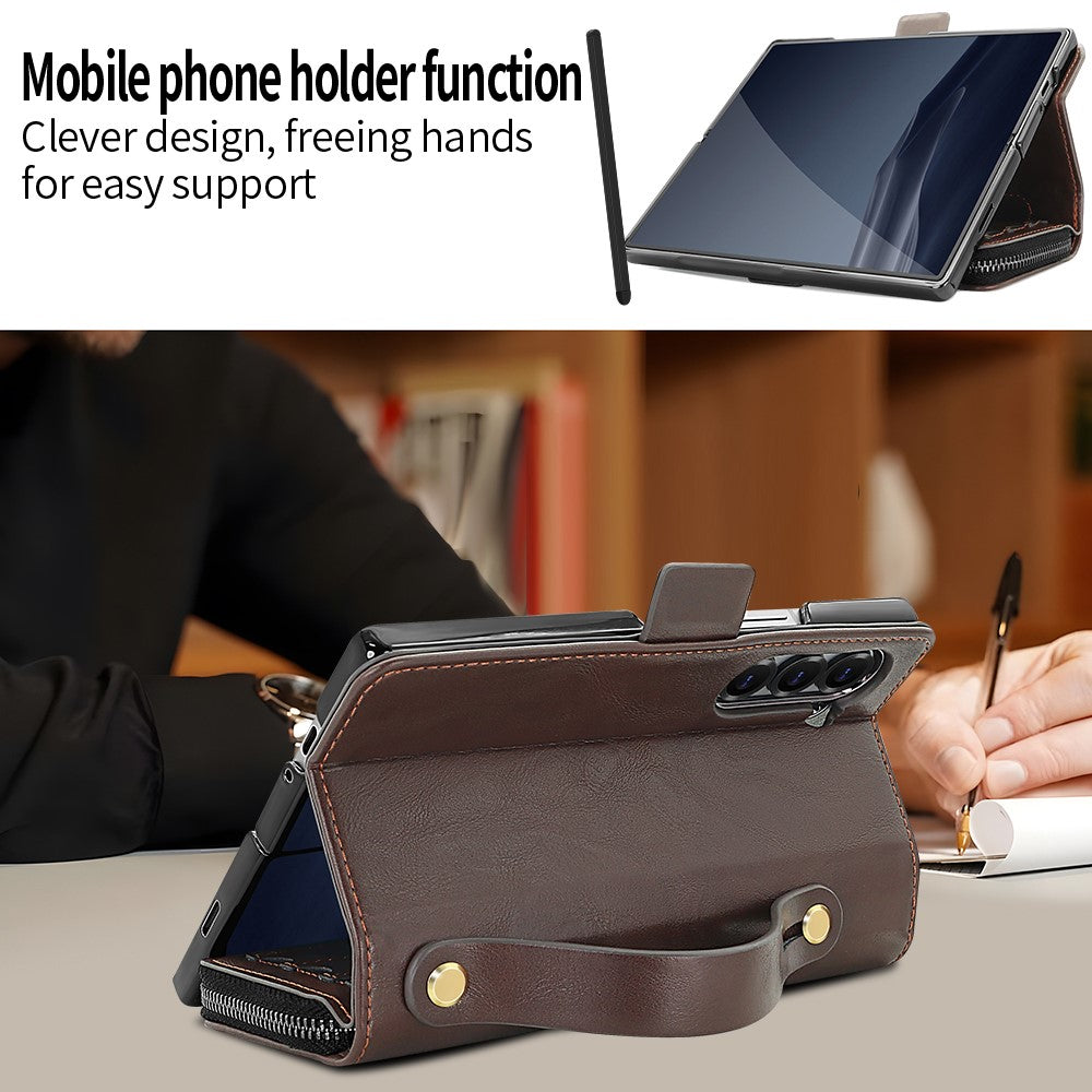 For Samsung Galaxy Z Fold7 5G Case Zipper Pocket Leather Phone Cover with Screen Protector / Stylus Pen - Coffee