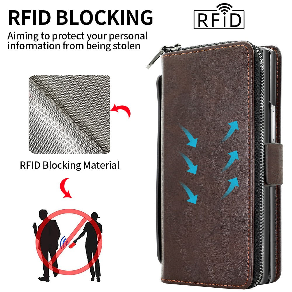 For Samsung Galaxy Z Fold7 5G Case Zipper Pocket Leather Phone Cover with Screen Protector / Stylus Pen - Coffee
