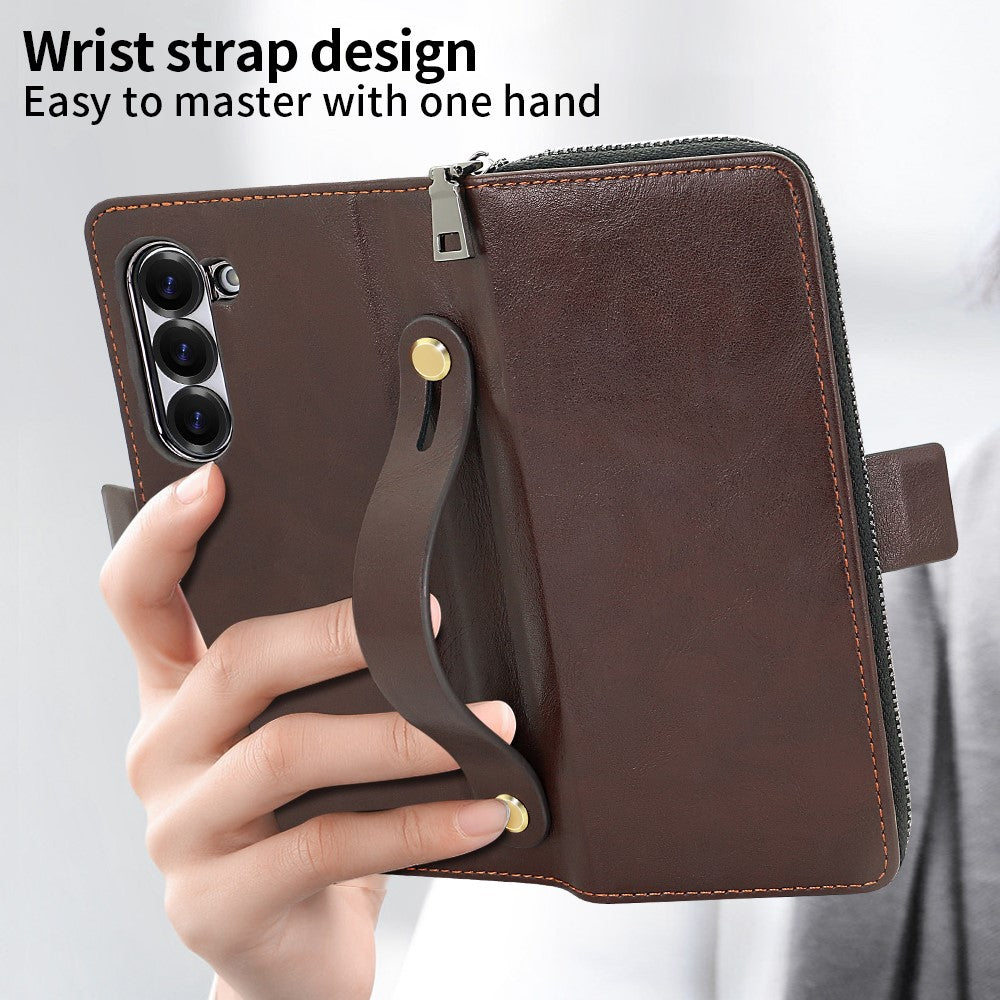 For Samsung Galaxy Z Fold7 5G Case Zipper Pocket Leather Phone Cover with Screen Protector / Stylus Pen - Coffee