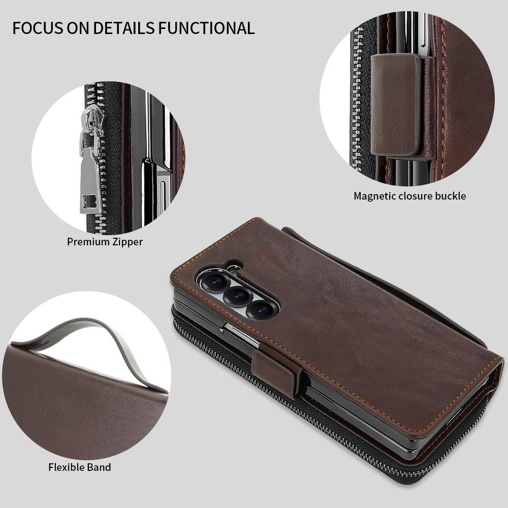 For Samsung Galaxy Z Fold7 5G Case Zipper Pocket Leather Phone Cover with Screen Protector / Stylus Pen - Coffee