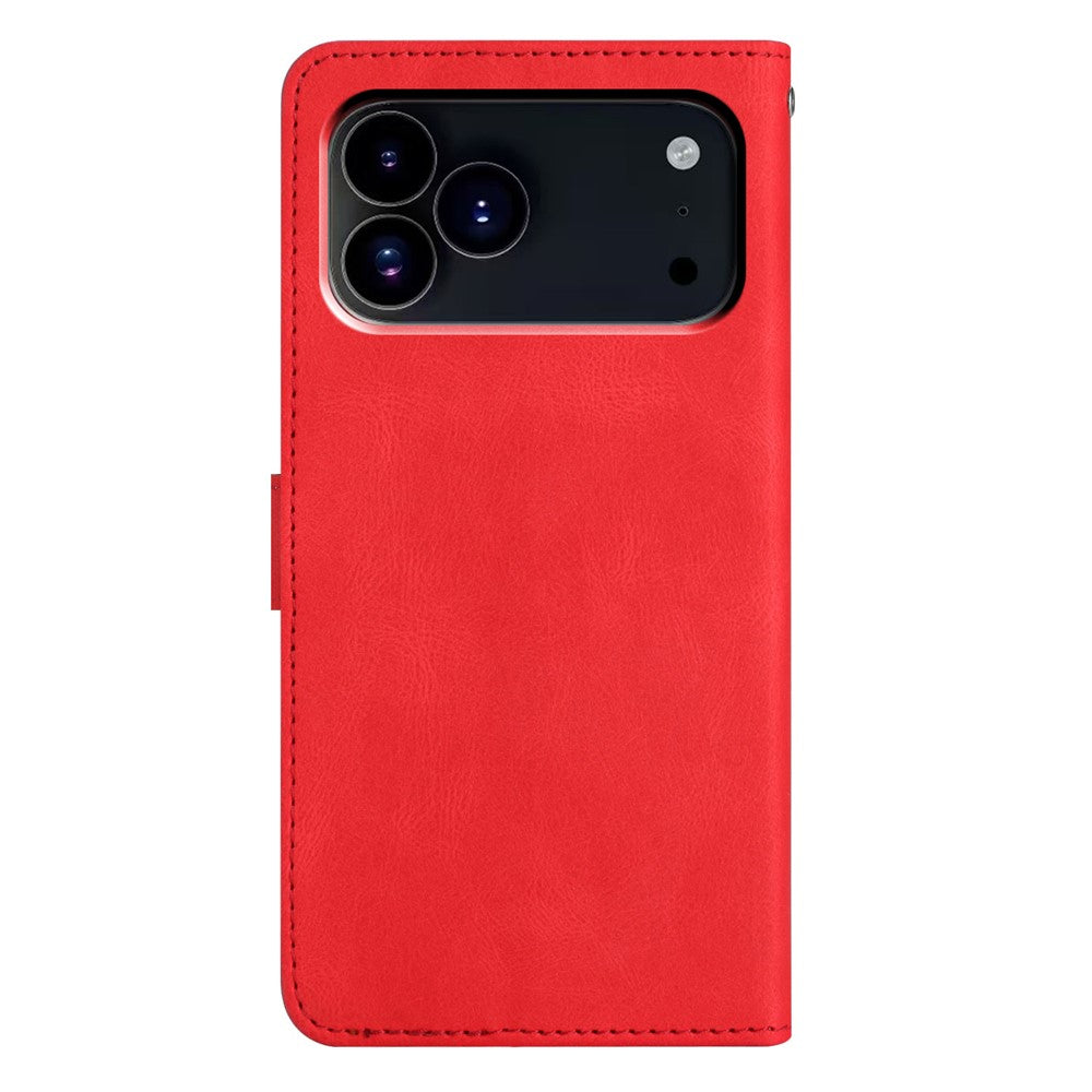 For iPhone 17 Pro Max Wallet Case Line Imprinted Skin-Touch Leather Flip Phone Cover - Red